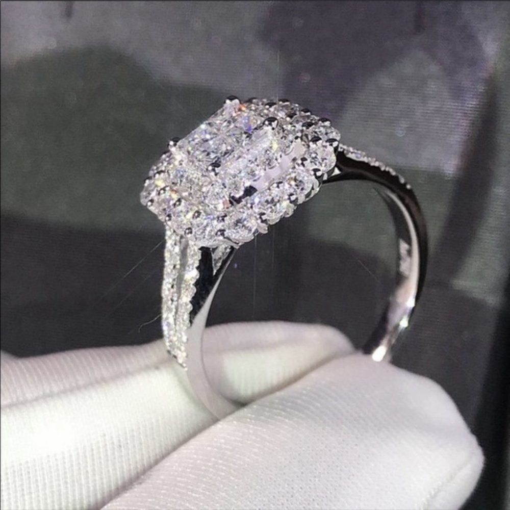 NEW💎925 Sterling Silver Diamond Halo Squar Ring - Picture 3 of 7